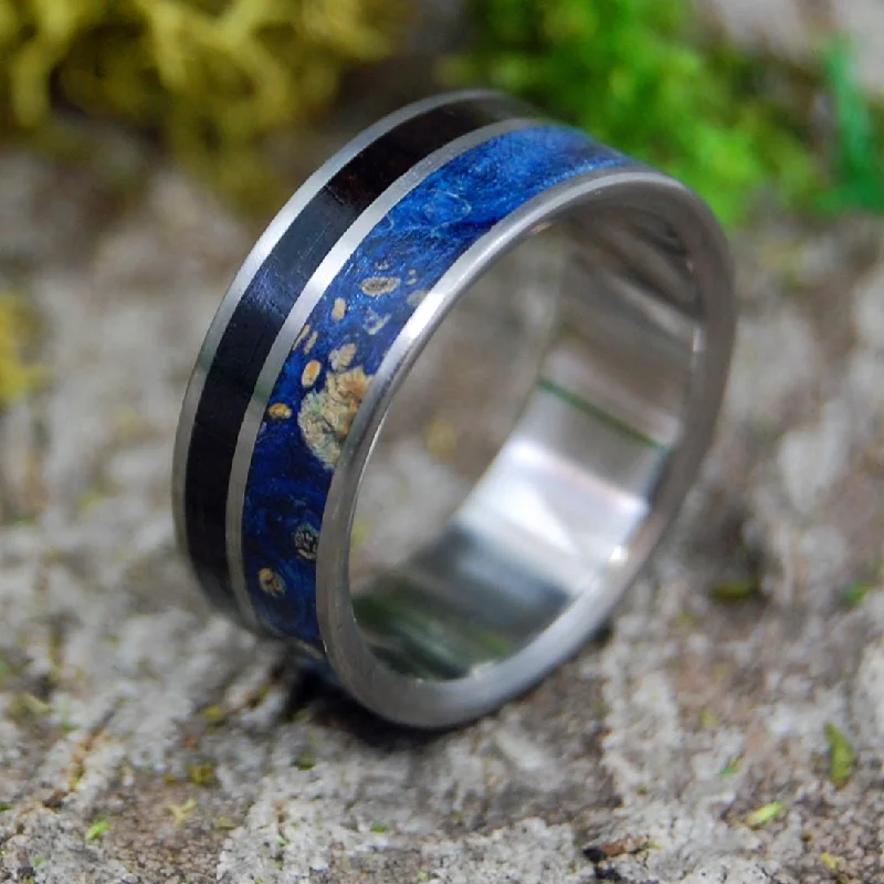 His Heart Listens | Men's Ebony, Blue Box Elder Wood & Titanium Wedding Ring