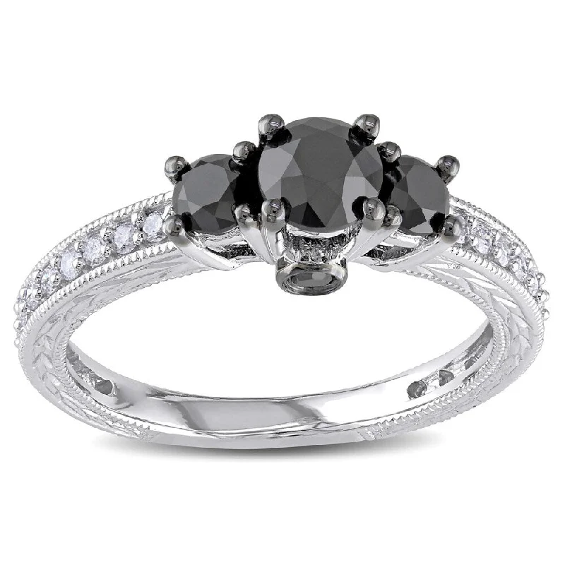 Miadora 10k White Gold 1 1/4ct TDW Black and White Diamond 3-Stone Plus Ring