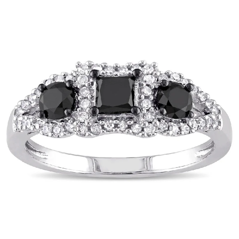 Miadora 10k White Gold 1ct TDW Black and White Diamond 3-stone Halo Ring