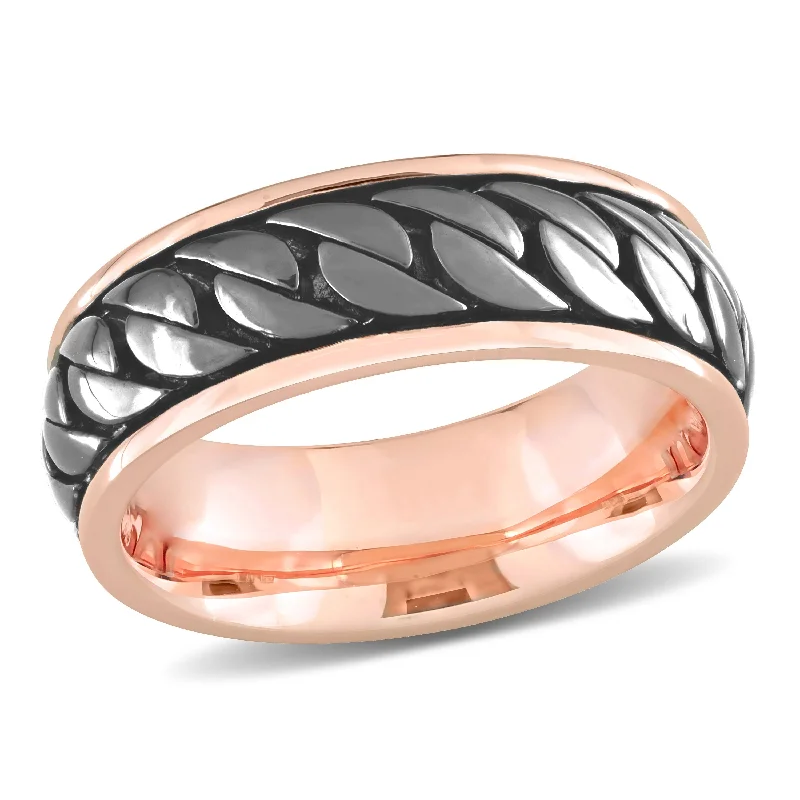 Miadora Ribbed Design Mens Ring in Rose Silver with Black Rhodium Plating