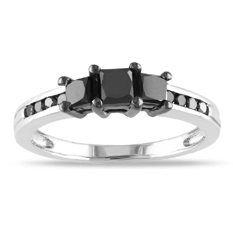 Miadora Sterling Silver 1ct TDW Princess-cut Black Diamond Ring