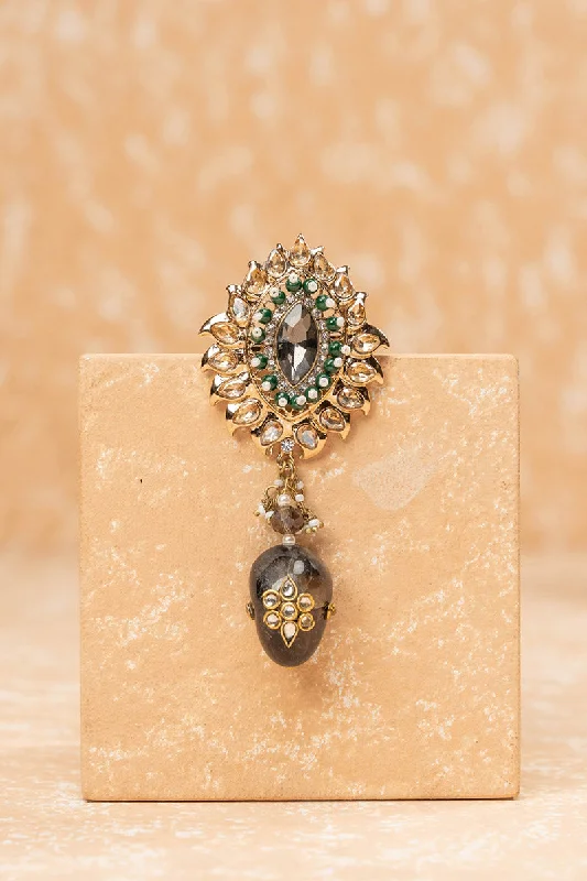 Oval Crystal Brooch with Dark Green Drop