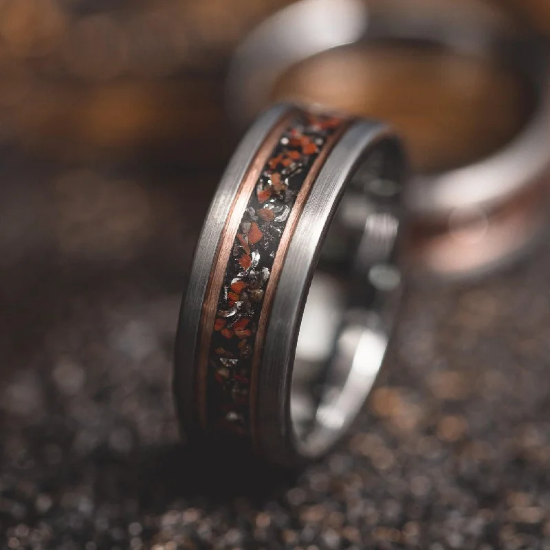 "Perseus" Silver/Rose Flat Tungsten Carbide Ring- Dinosaur Bones and Meteorite- Grey/Rose- 6mm/8mm