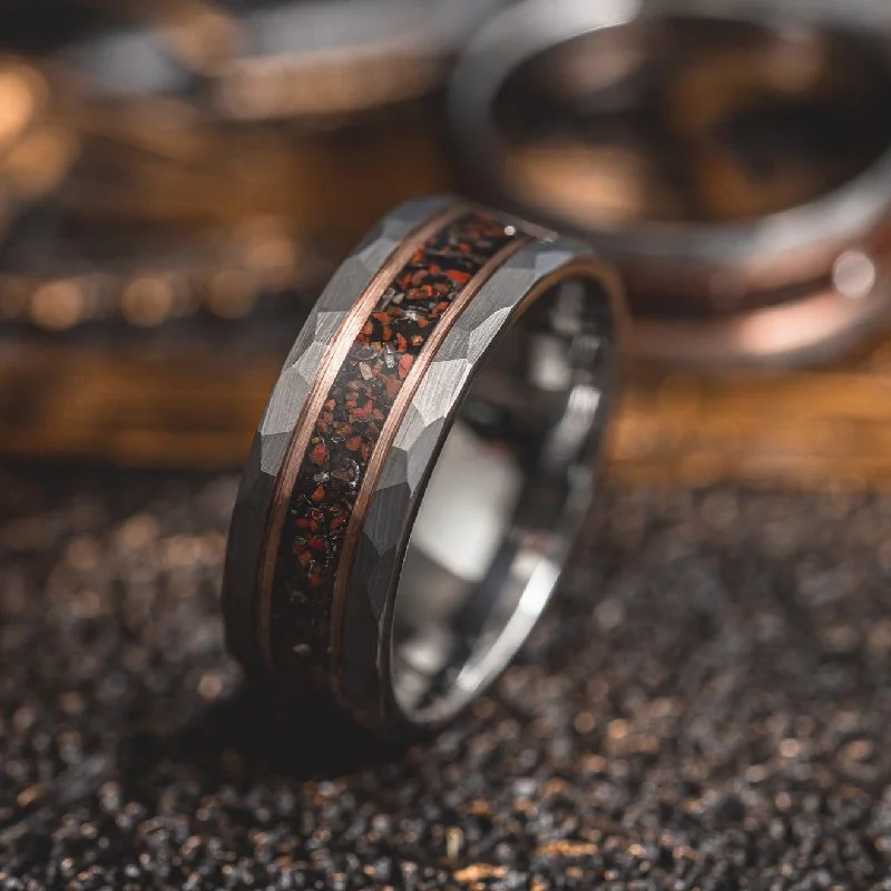 "Perseus" Grey/Rose Hammered Tungsten Carbide Ring- Dinosaur Bones and Meteorite- Grey/Rose- 6mm/8mm