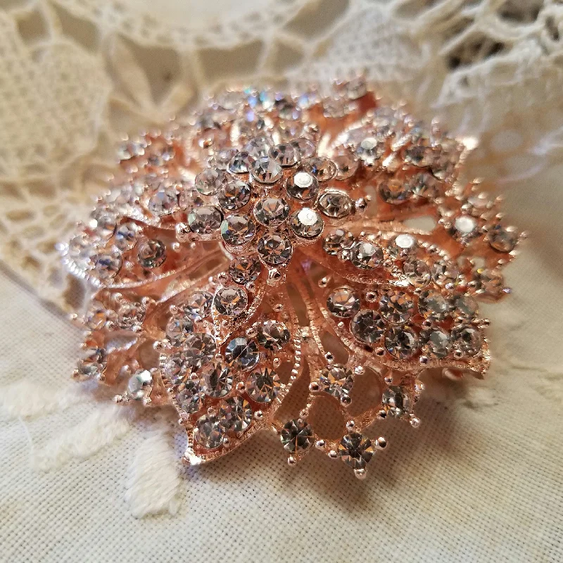 Rose Gold Tone Rhinestone Flower Embellishment or Brooch