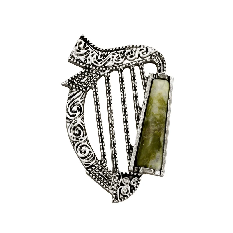 Rhodium Plated Connemara Marble Harp Brooch