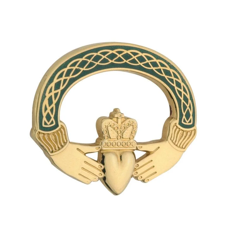 Gold Plated Green Claddagh Brooch