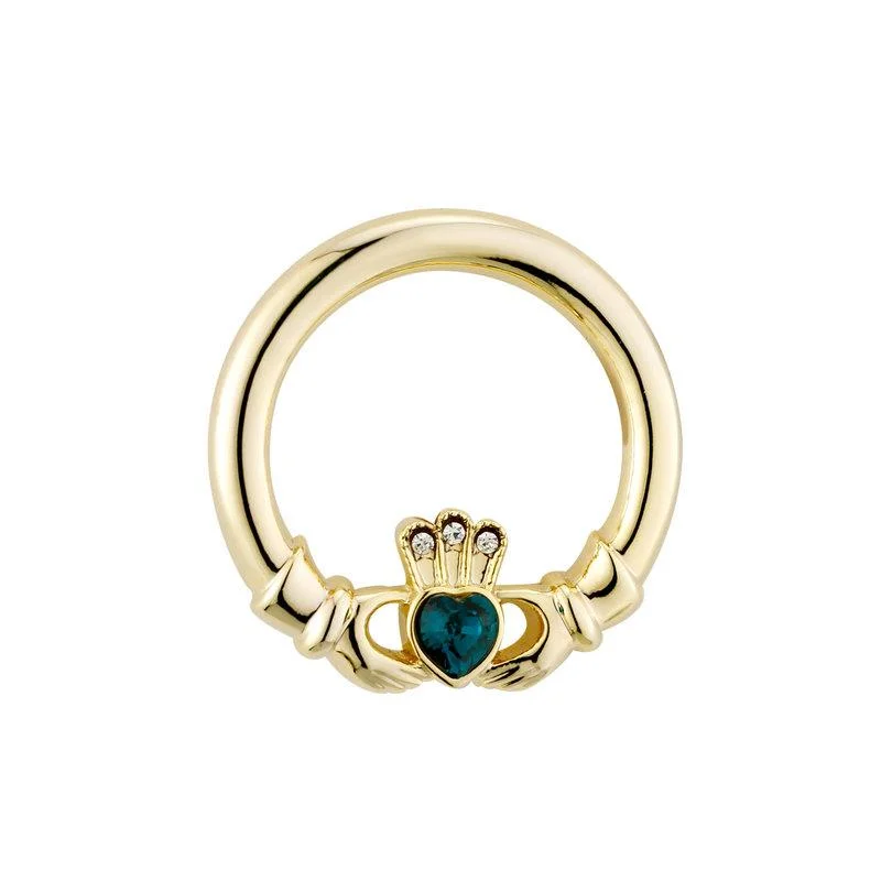 Gold Plated Green Crystal Heart Claddagh Brooch