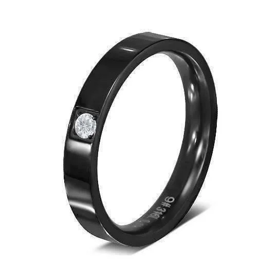 Suit & Tie Thin Black 316 Stainless Steel Band with Inset CZ Ring