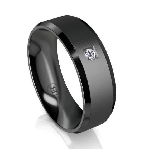 The Henry Black Zirconium Bevelled Edge White Diamond Wedding Ring