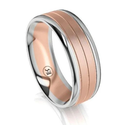 The Theodore White and Rose Gold Dual Grooved Mens Wedding Ring by Infinity