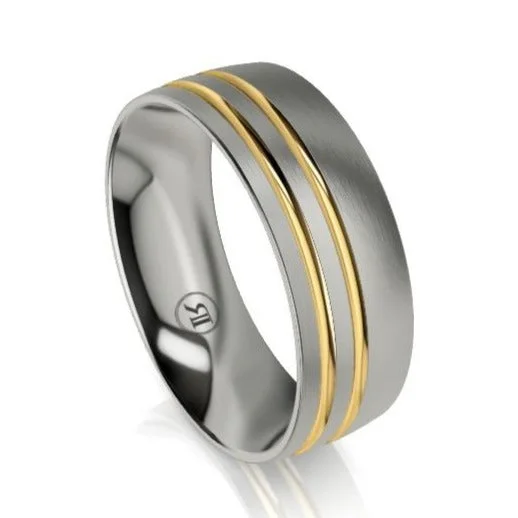 Titanium and Dual Grooved Gold Wedding Ring (IN1107)