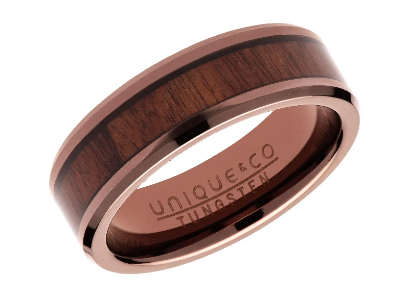 Unique & Co 7mm Tungsten Carbide Ring with Wood and Brown IP Plating