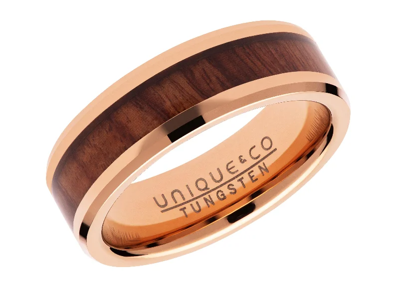 Unique & Co 7mm Tungsten Carbide Ring with Wood Inlay and IP Rose Plating