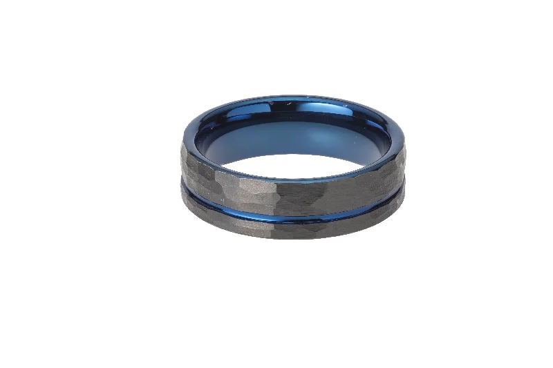 Unique & Co 7mm Hammered Tungsten with Blue IP Ring