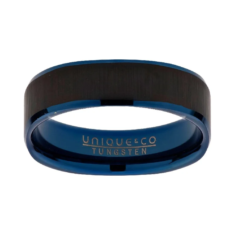 Unique & Co 6mm Blue and Black IP Tungsten Square Profile Ring