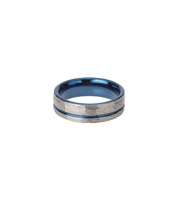 Unique & Co 7mm Tungsten Carbide Hammered Blue IP Ring