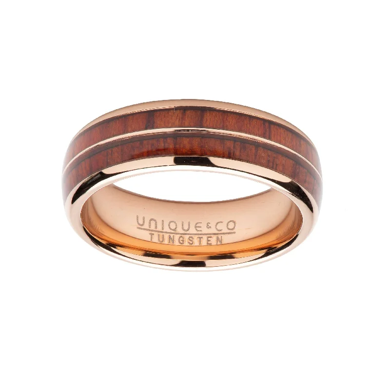 Unique & Co 7mm Wood Inlay with Rose IP Band Ring