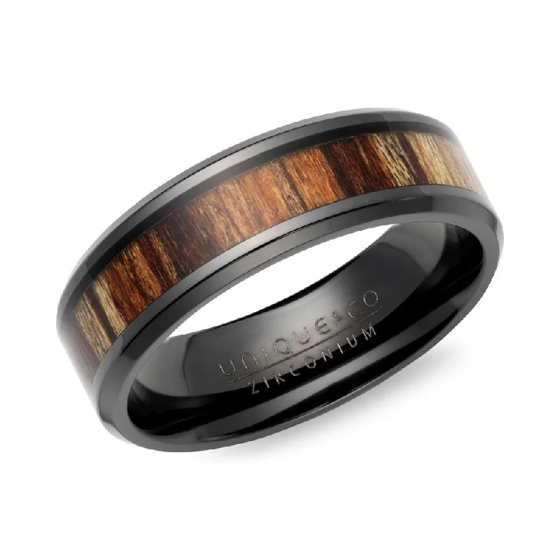 Unique & Co Wood Inlay Black Zirconium Ring