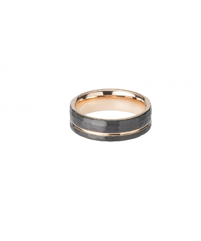 Unique & Co Hammered Black Tungsten Rose Gold Band Ring