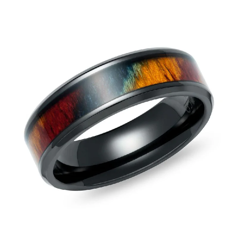 Unique & Co Multicoloured Wood Inlay Black Zirconium Ring