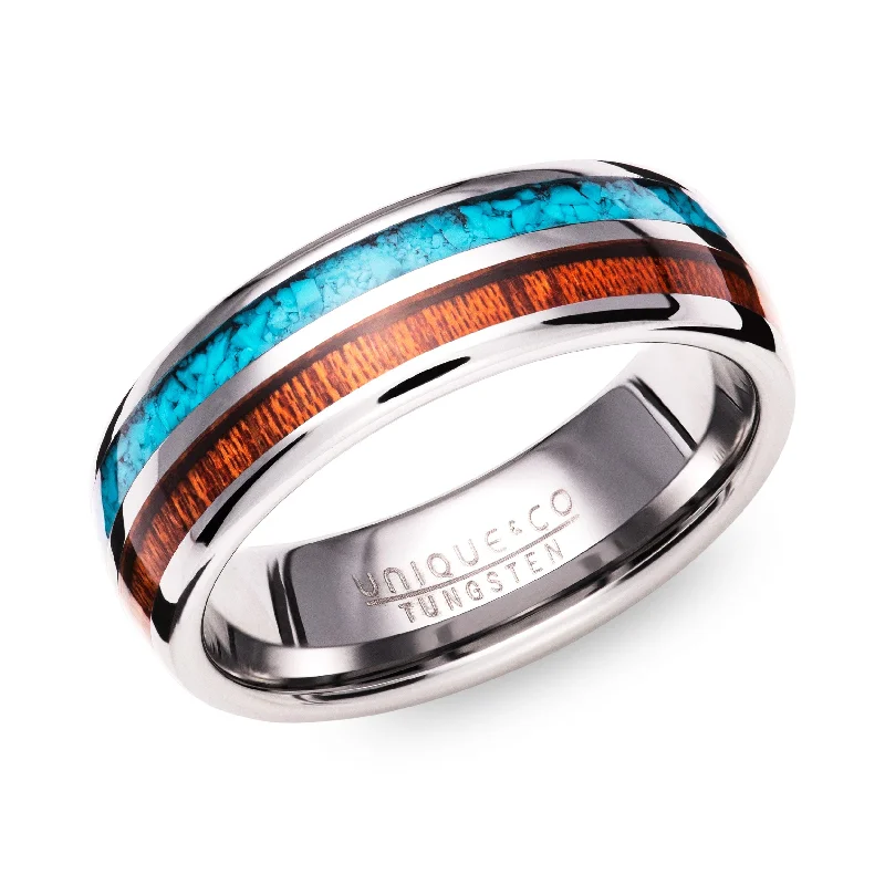 Unique & Co Tungsten Carbide Ring with Wood/Turquoise Inlay