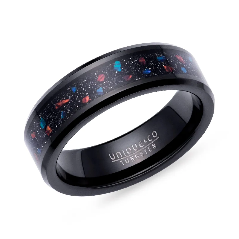 Unique & Co Tungsten Ring With Black Opal And Red Stone