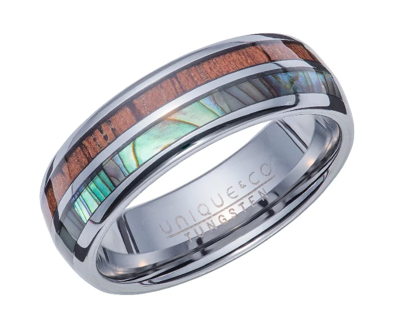 Unique & Co Tungsten Ring With Wood And Abalone Shell