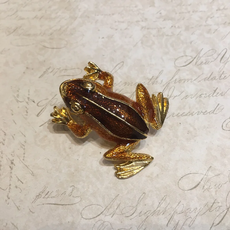 Vintage Frog Brooch Brown Amber Enamel Gold