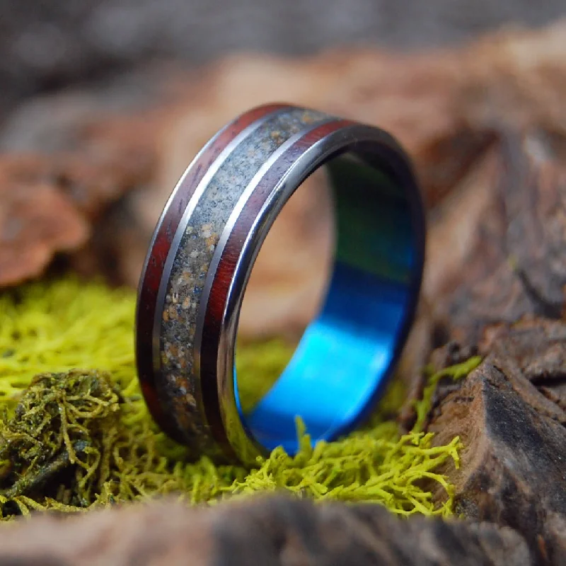 Wood And Beach Blue | Men's Amboyna Burl, Beach Sand & Titanium Wedding Ring