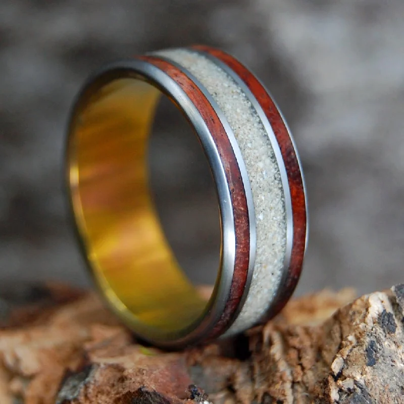 Wood & Beach Sunset | Men's Amboyna Burl, Beach Sand & Titanium Wedding Ring