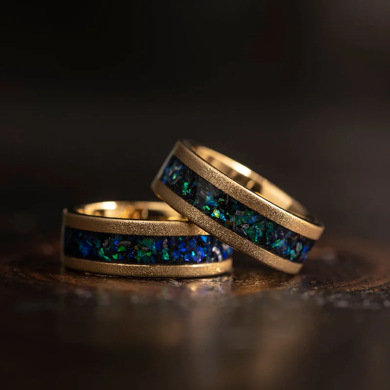 "Zeus" Flat Gold Nebula Ring Green Blue- Meteorite and Opal- Gold 8mm